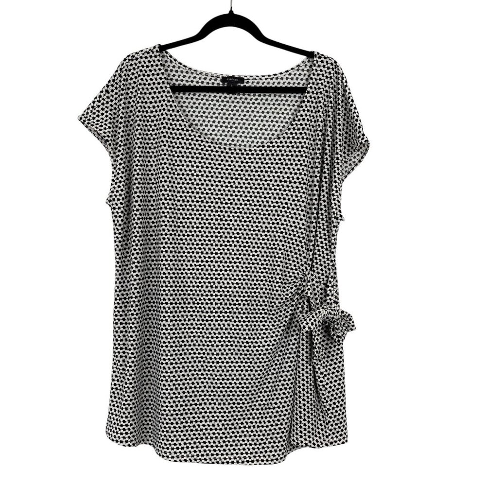 Halogen Side Tie Blouse Women’s 2X Black & White Geometric Print Cap Sleeve Top